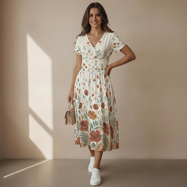 Boho Floral Meadow V-Neck Midi Dress