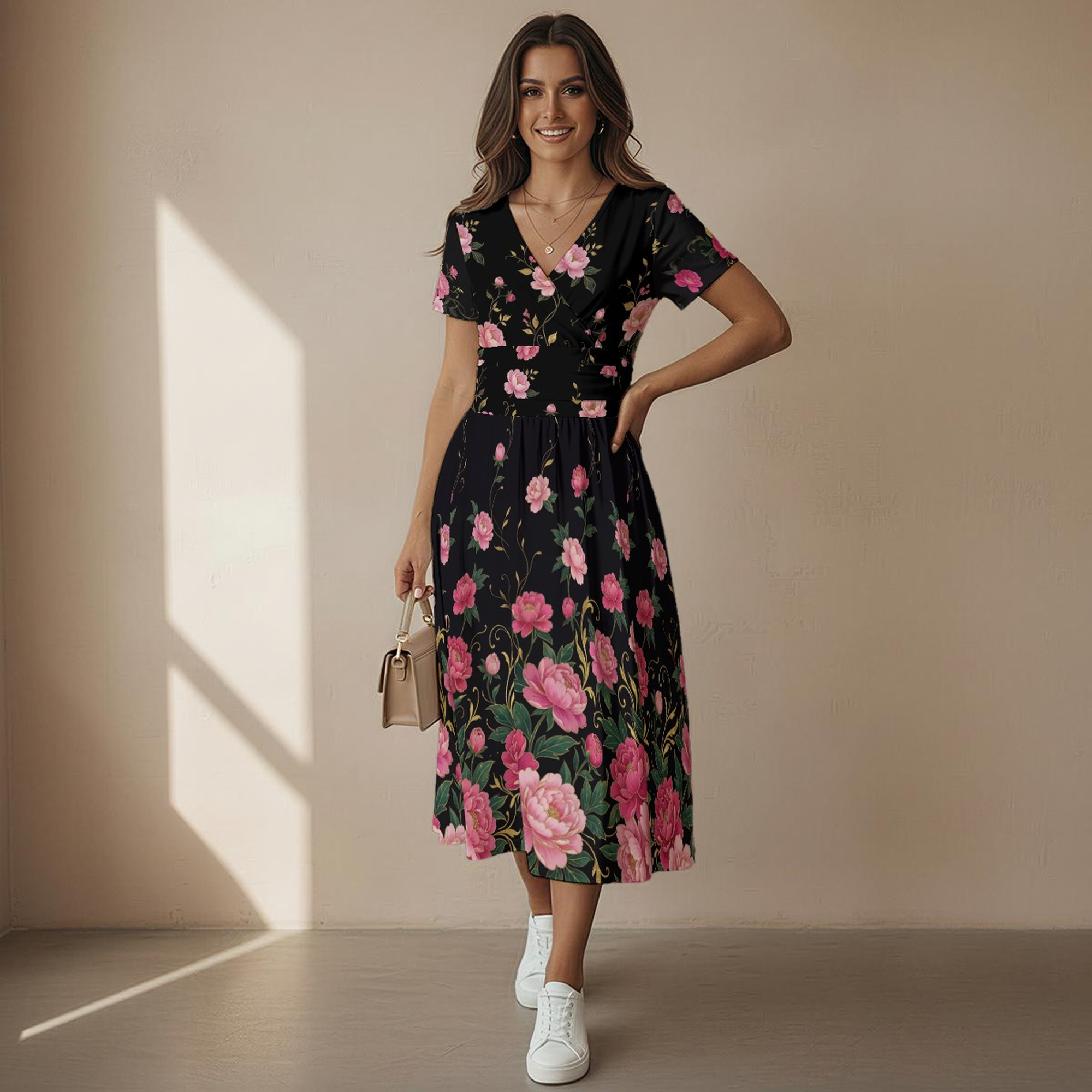 Dark Floral Noir V-Neck Midi Dress
