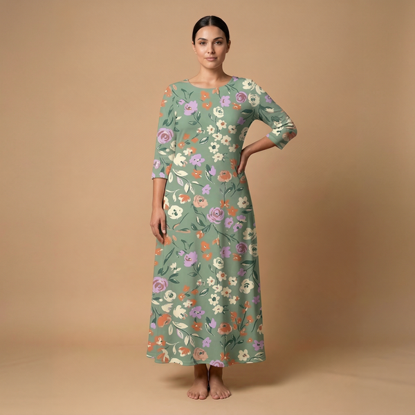 Garden Party 3/4 sleeve maxi dress front view - boho floral all over print fashion