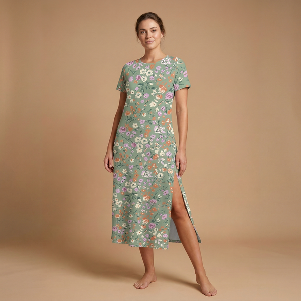 Garden Party side slit dress front view - boho floral all over print fashion
