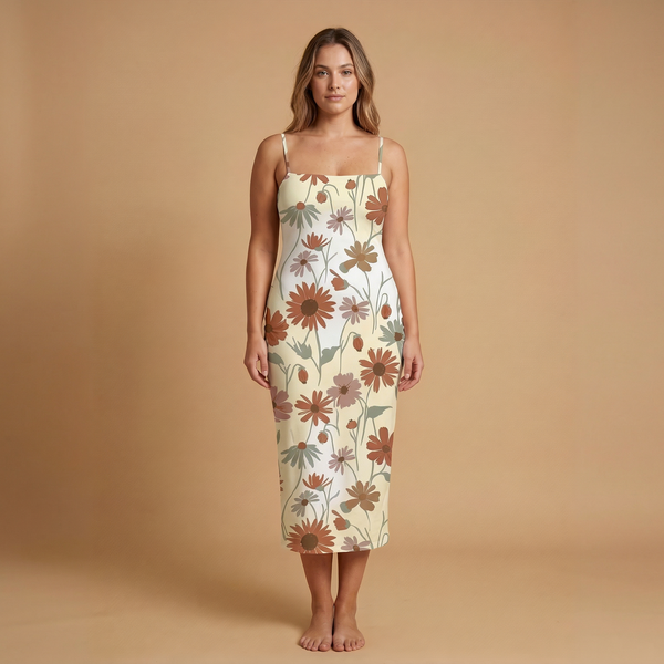 Wildflower Meadow spaghetti strap dress front view - boho floral all over print fashion