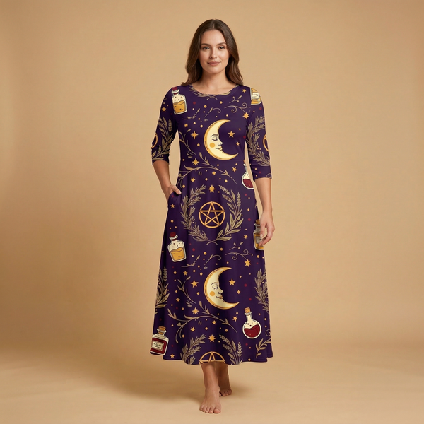 Celestial Witch 3/4 sleeve maxi dress front view - whimsigoth all over print fashion