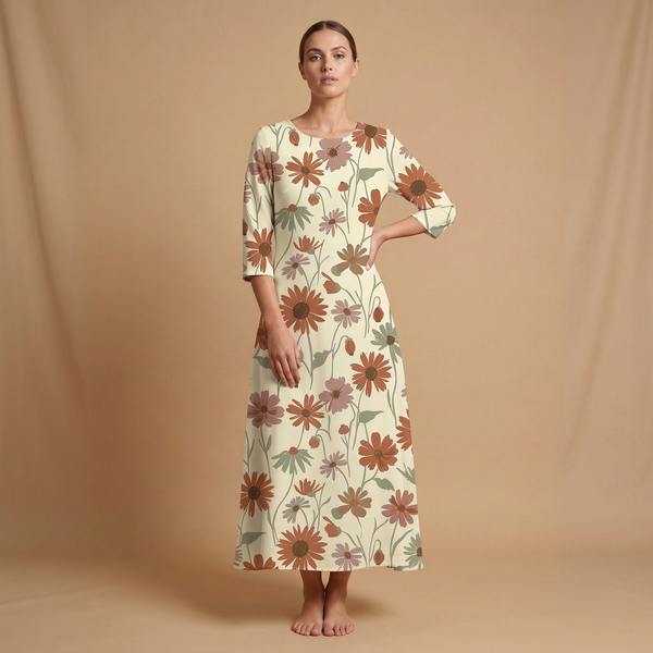 Wildflower Meadow 3/4 sleeve maxi dress front view - boho floral all over print fashion