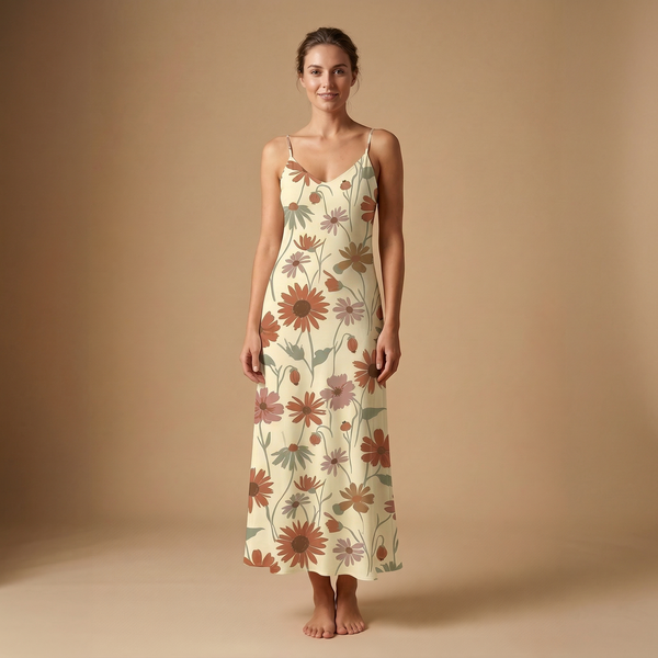 Wildflower Meadow sleeveless maxi dress front view - boho floral all over print fashion