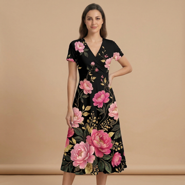 Dark Floral Rose V-Neck Midi Dress - 2026 Dark Floral Trend by Maiden Bloom