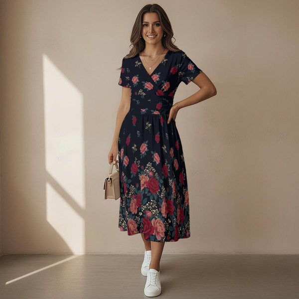 Dark Floral Classic V-Neck Midi Dress