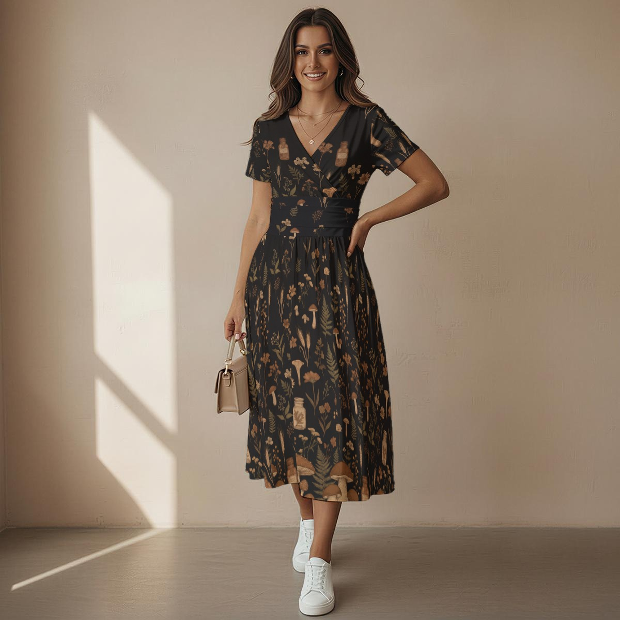 cottagecore midi dress Dark Summer Neckline Color:Light Fawn Paisley Long Wrap Around Kimono Summer Siren