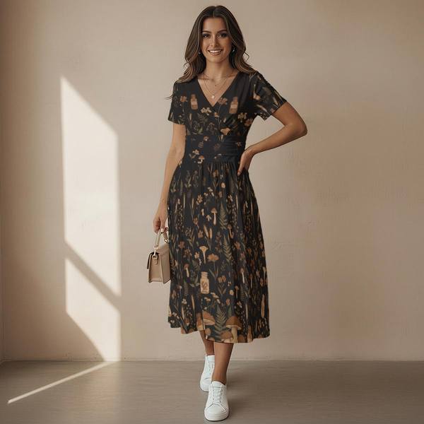 Dark Cottagecore V-Neck Midi Dress