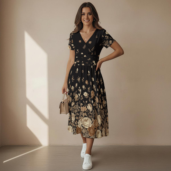 Dark Floral Garden V-Neck Midi Dress