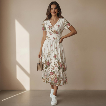 Vintage Floral V-Neck Midi Dress
