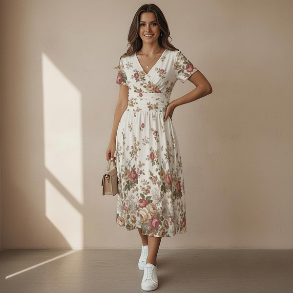 Vintage Floral V-Neck Midi Dress