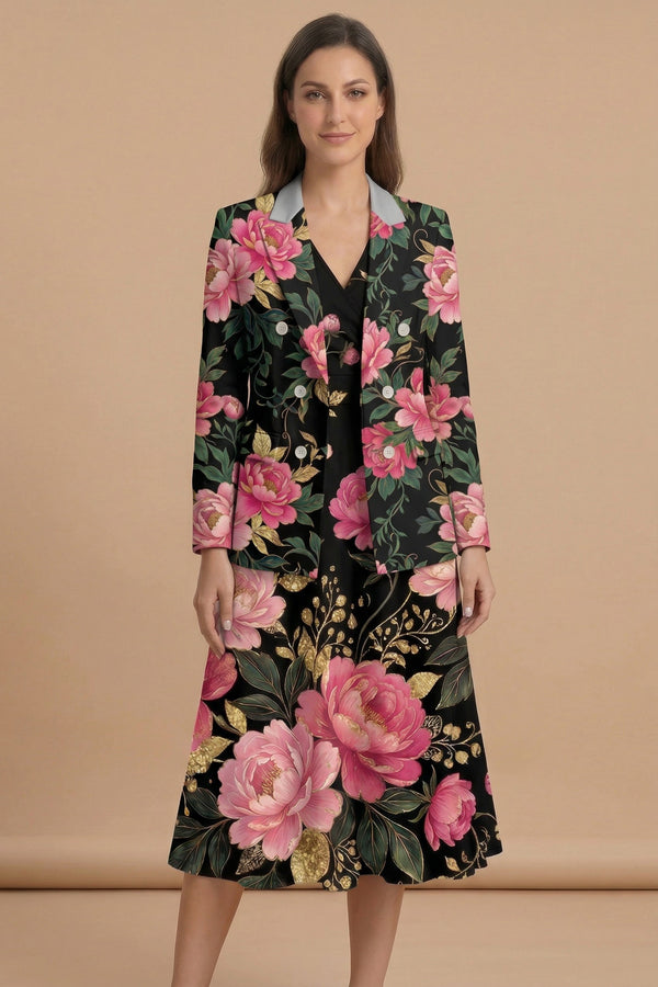 Dark Floral Noir Blazer + Dress Set | Dark Floral Matching Outfit — complete outfit front view