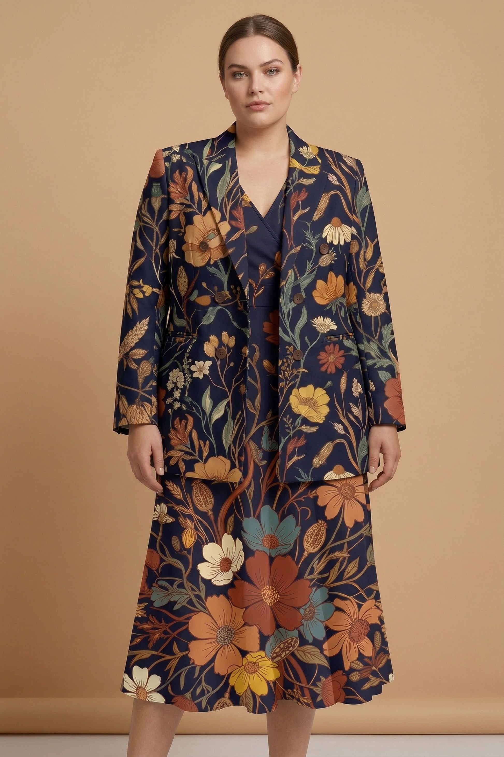 Dark Floral Rose (Variant A) Blazer + Dress Set | Dark Floral Matching — complete outfit front view