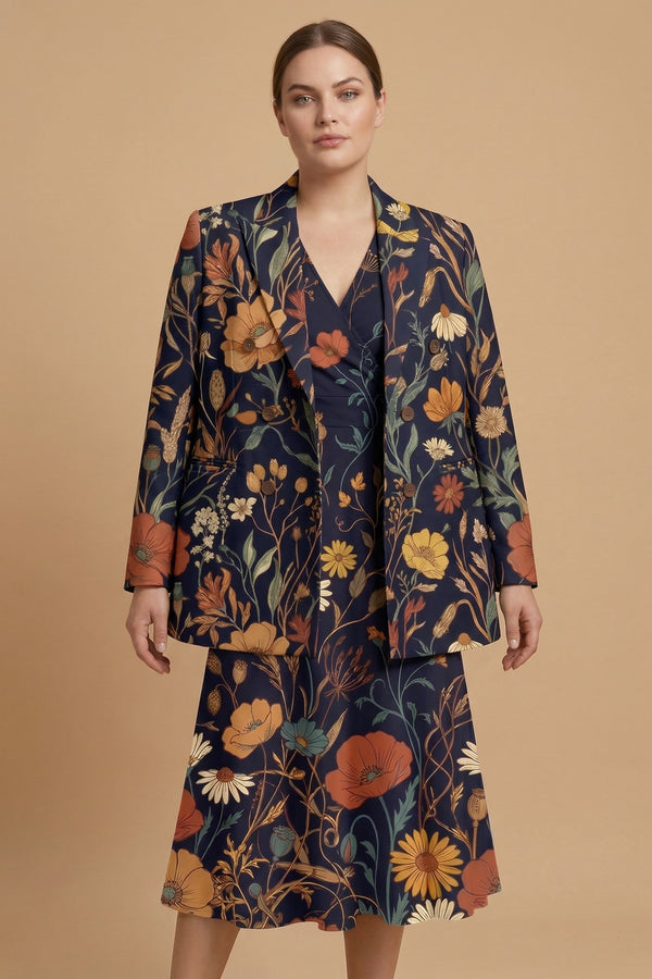 Dark Floral Rose (Variant B) Blazer + Dress Set | Dark Floral Matching — complete outfit front view