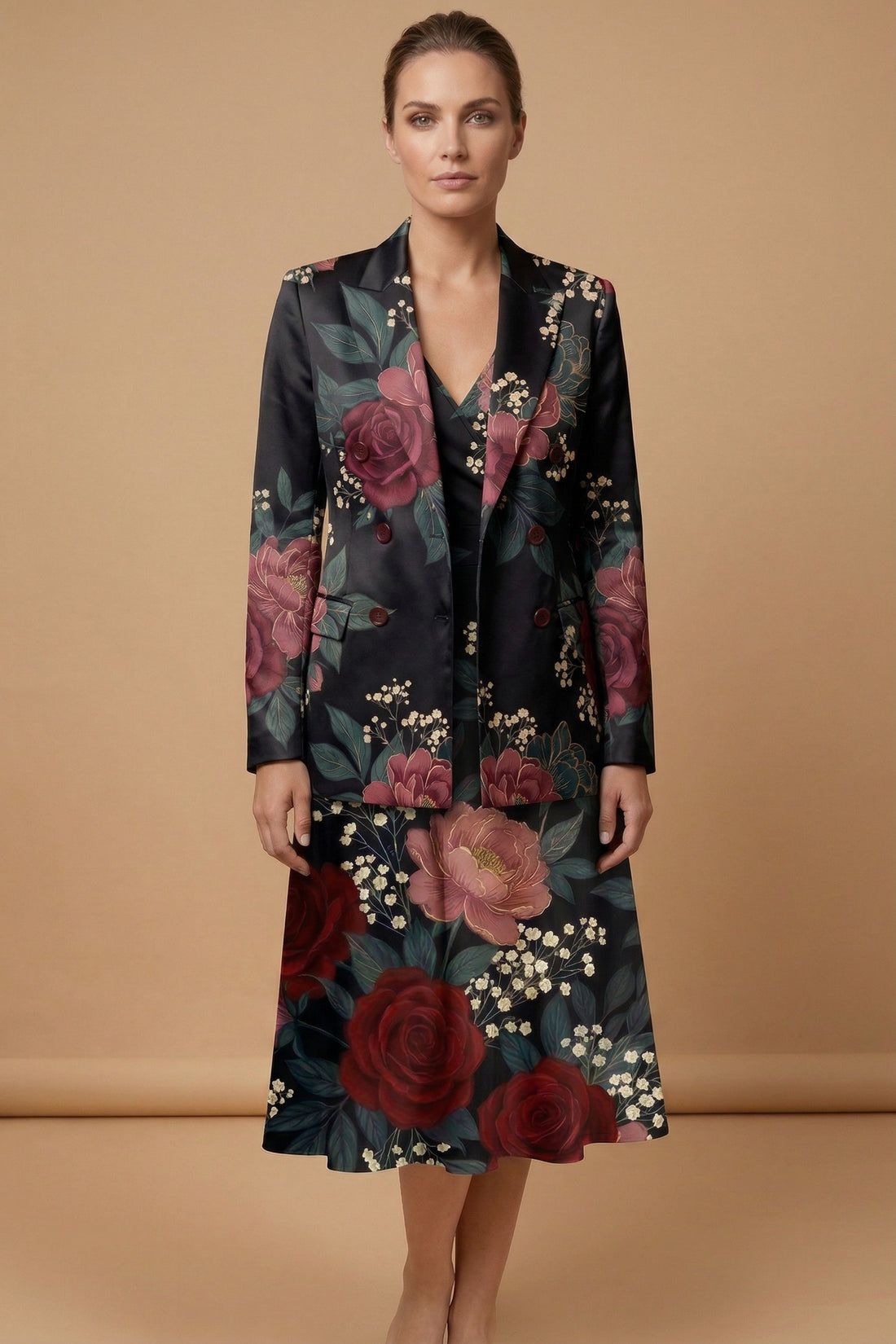 Dark Floral Classic (Variant B) Blazer + Dress Set | Dark Floral Match — complete outfit front view