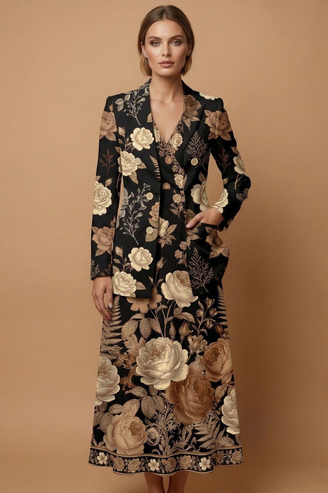 Dark Floral Garden (Variant B) Blazer + Dress Set | Dark Floral Matchi — complete outfit front view