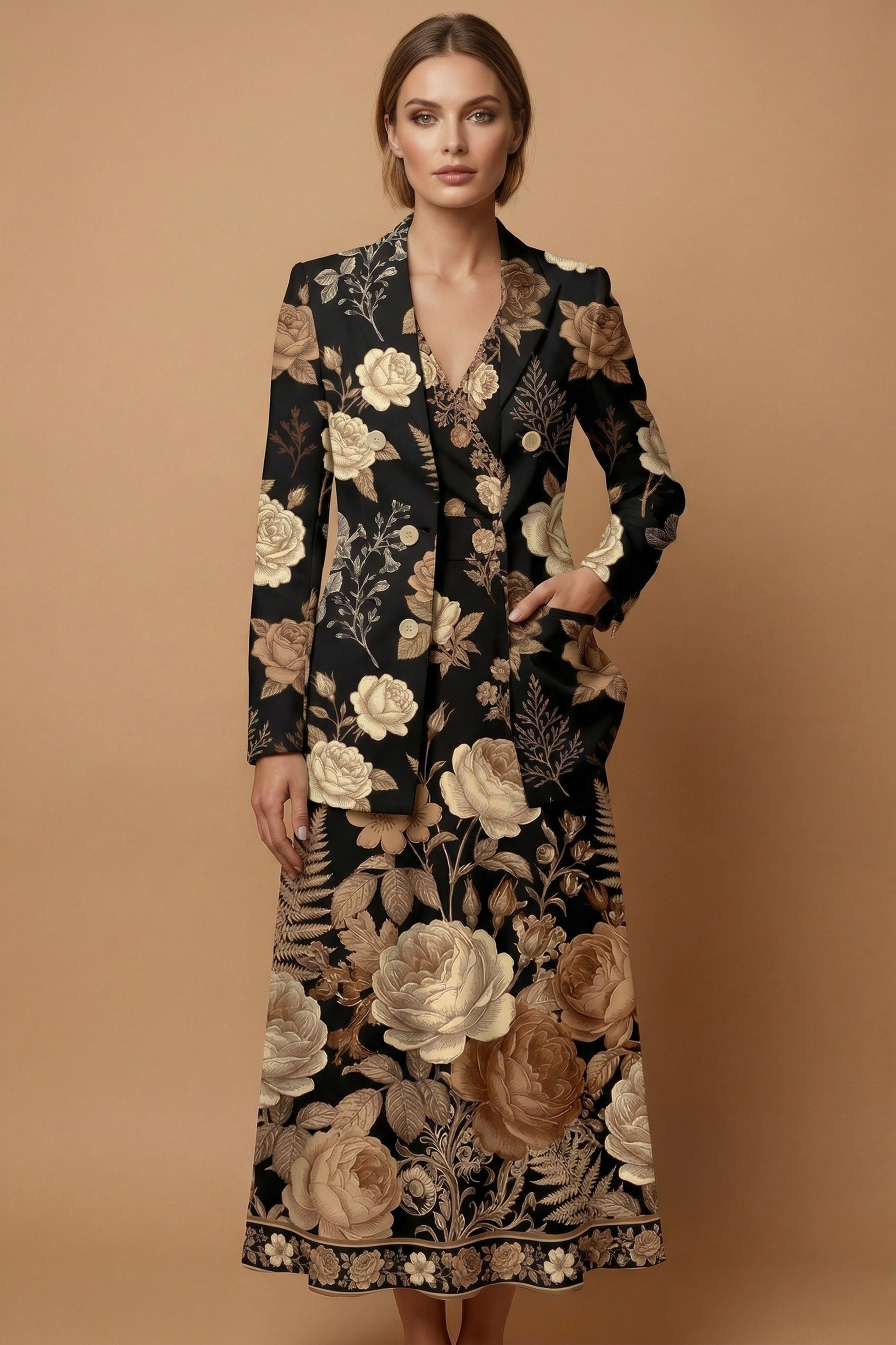 Dark Floral Garden (Variant B) Blazer + Dress Set | Dark Floral Matchi — complete outfit front view