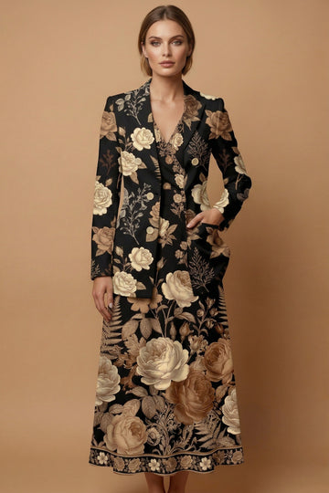 Dark Floral Garden (Variant B) Blazer + Dress Set | Dark Floral Matchi — complete outfit front view