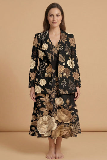 Dark Floral Garden (Variant A) Blazer + Dress Set | Dark Floral Matchi — complete outfit front view