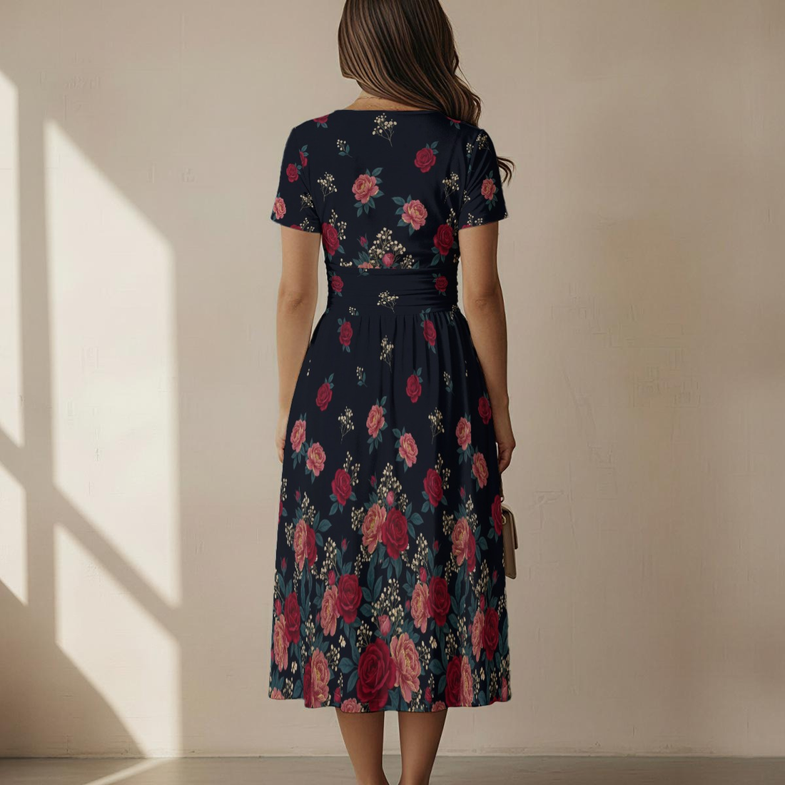 Dark Floral Classic V-Neck Midi Dress