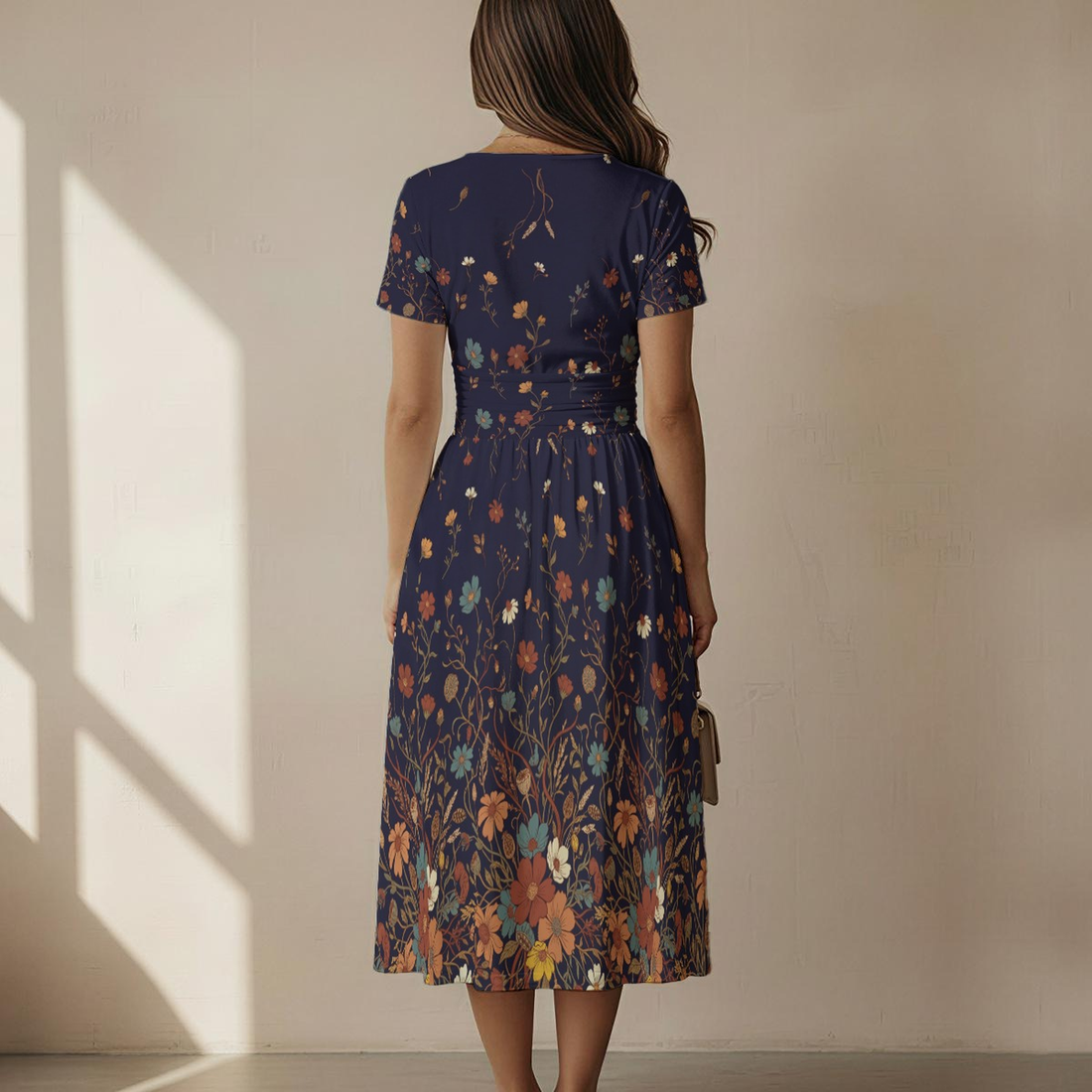 Dark Floral Rose V-Neck Midi Dress