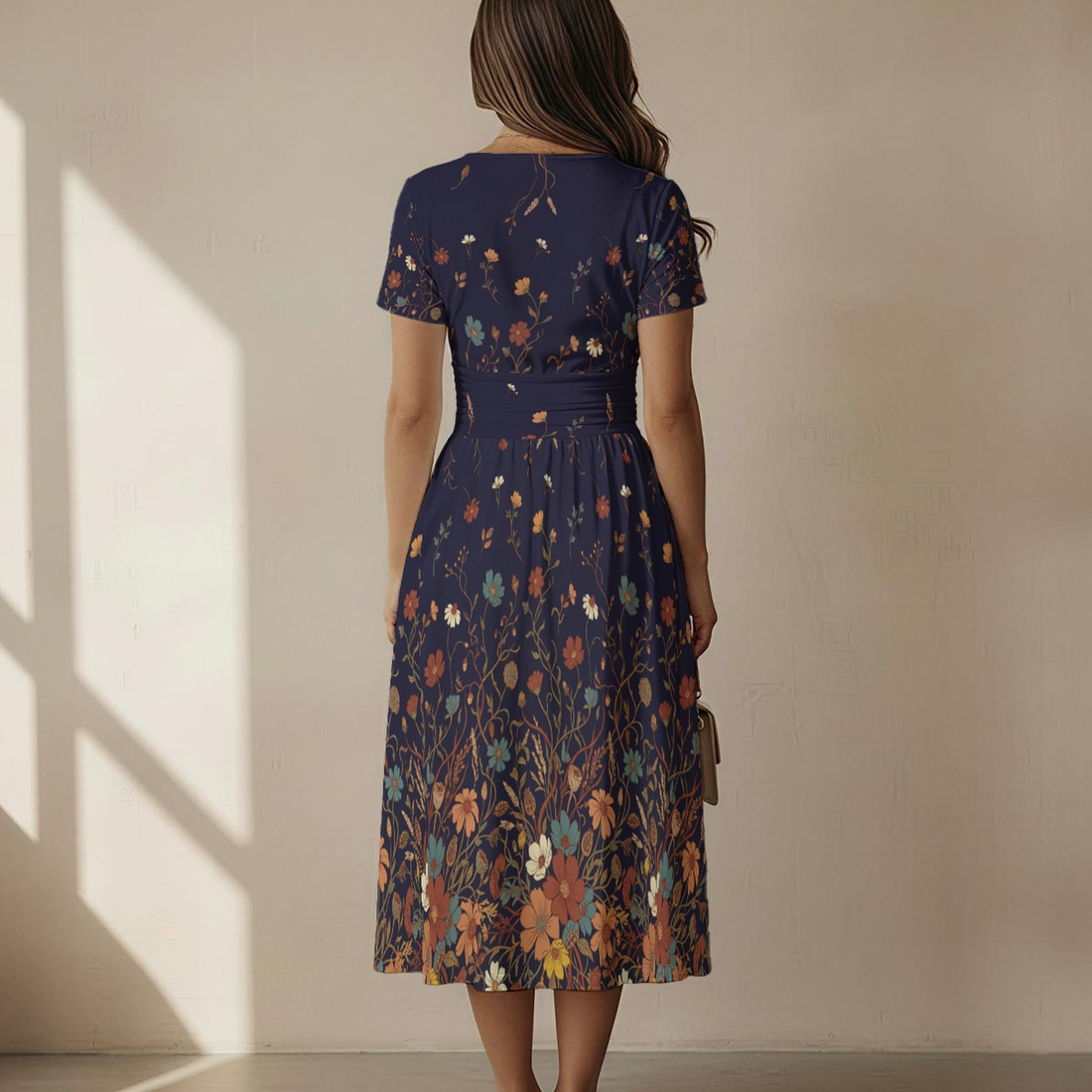 Dark Floral Rose V-Neck Midi Dress