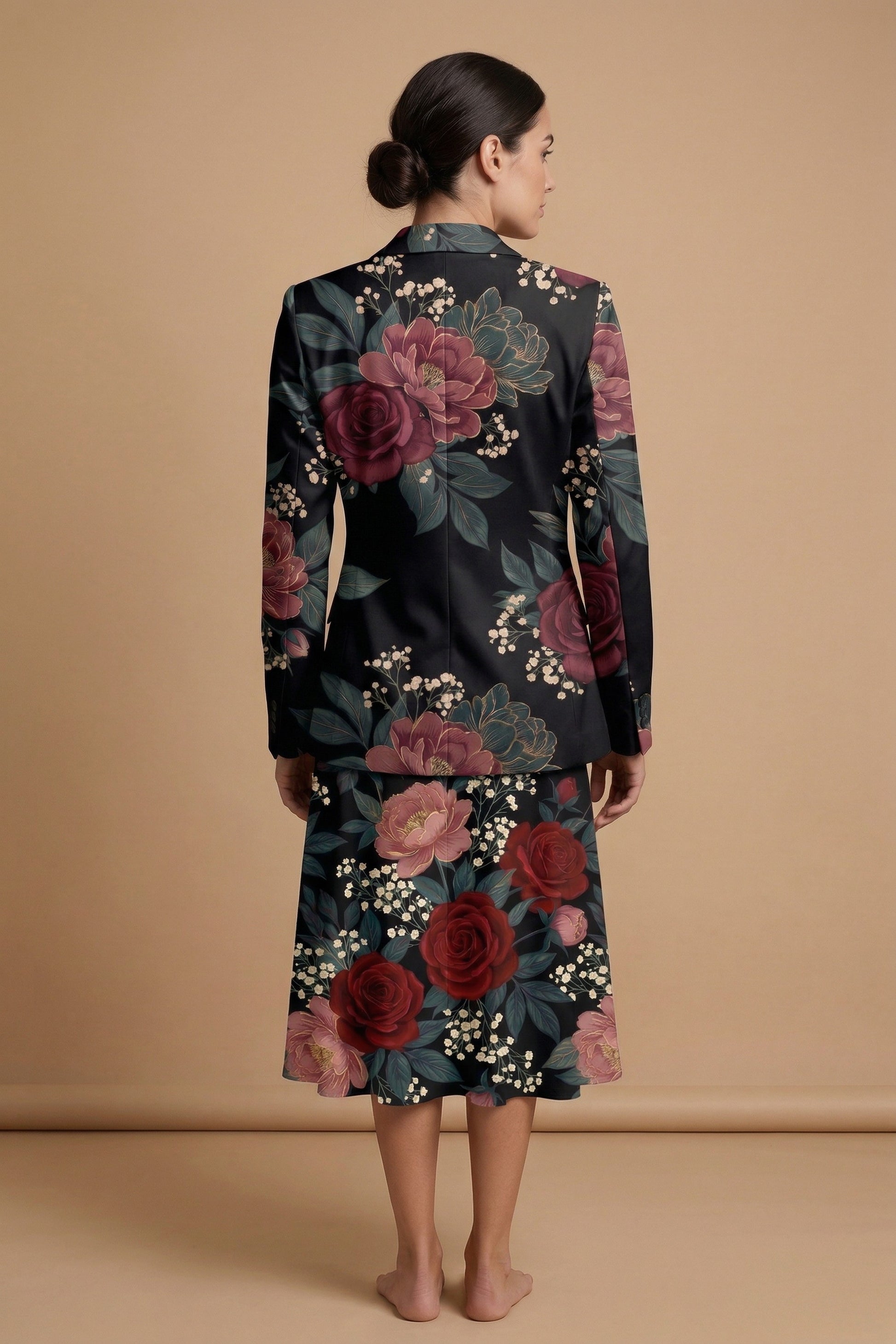 Dark Floral Classic (Variant B) Blazer + Dress Set | Dark Floral Match — complete outfit back view