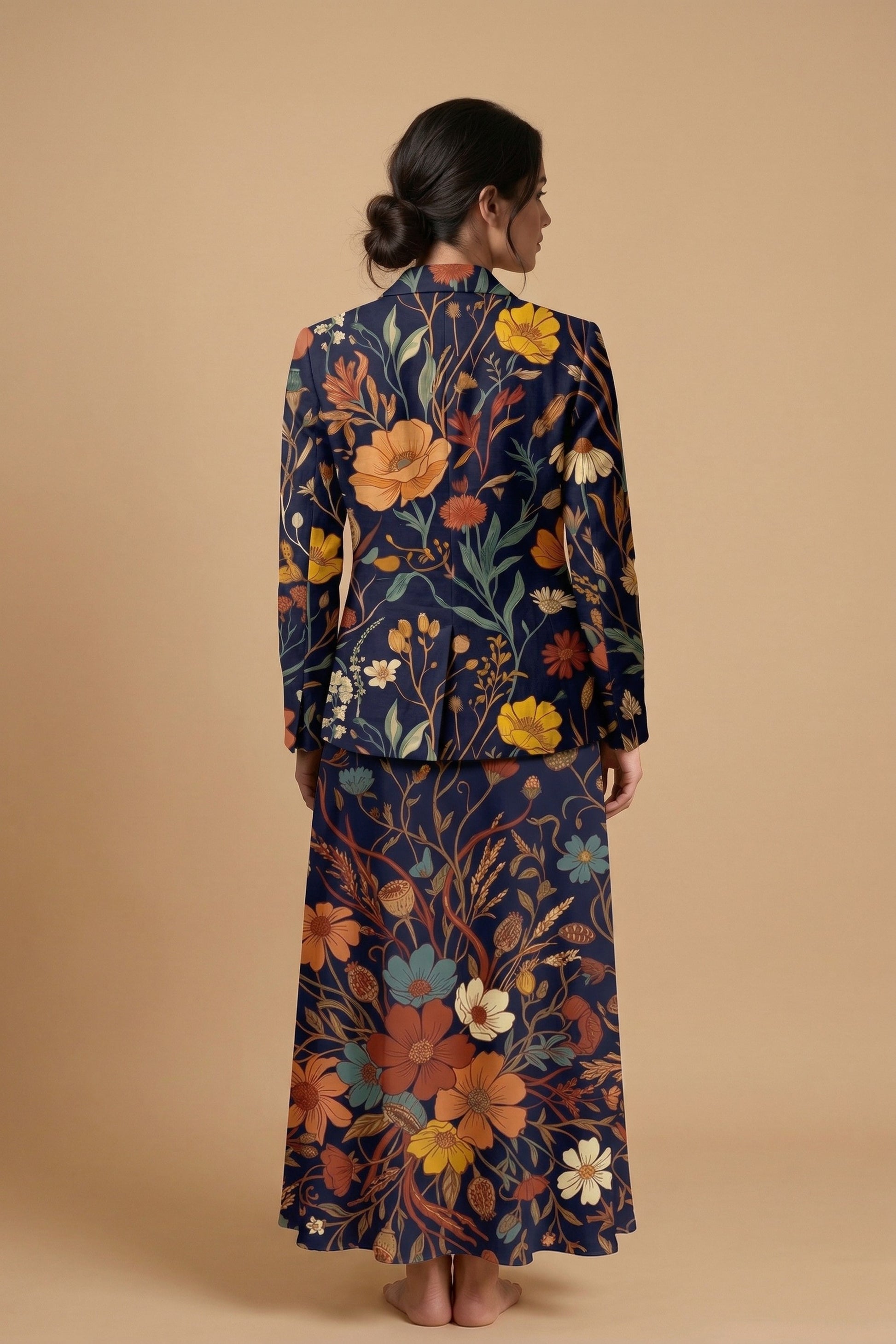 Dark Floral Rose (Variant A) Blazer + Dress Set | Dark Floral Matching — complete outfit back view