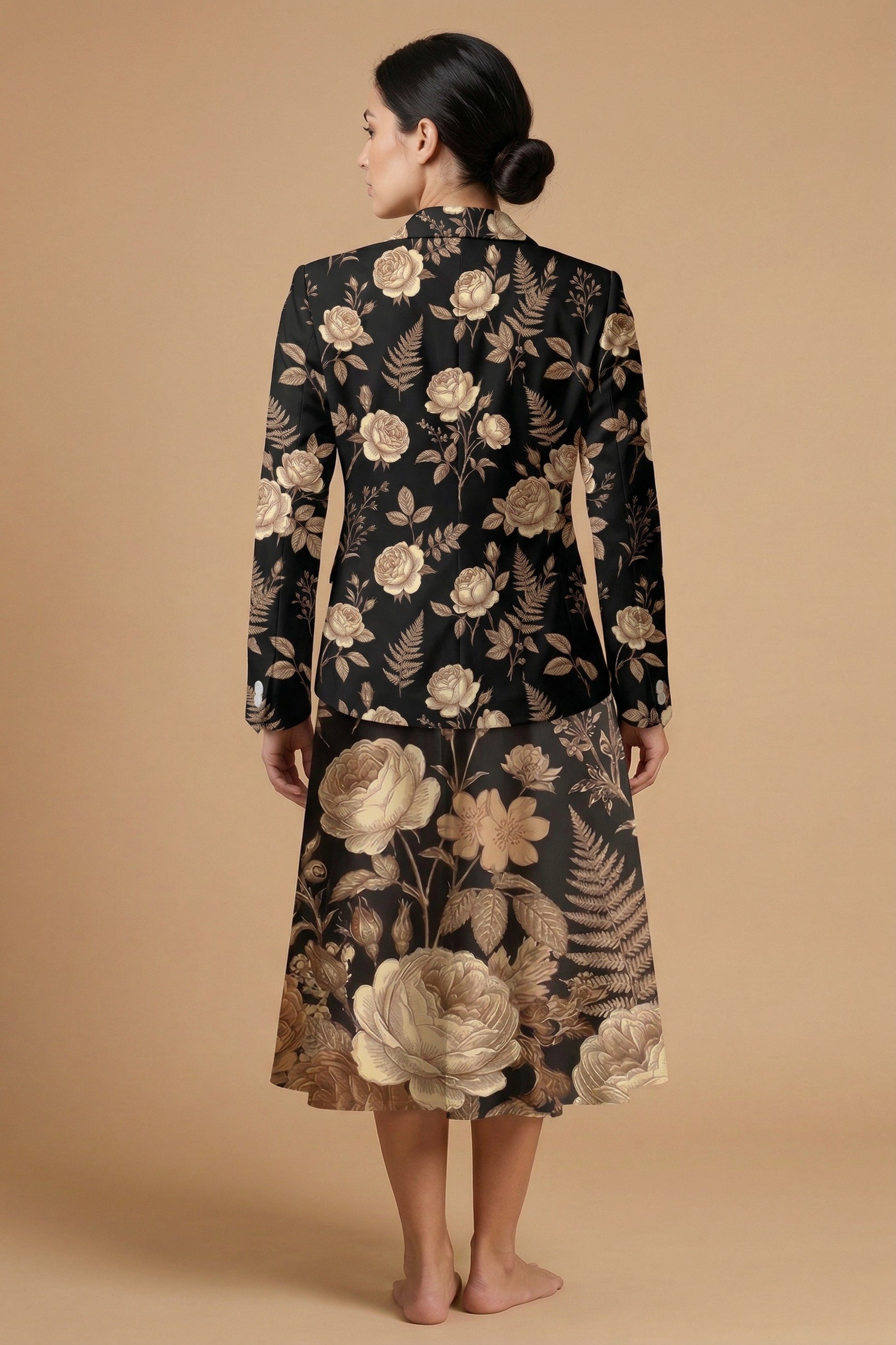 Dark Floral Garden (Variant B) Blazer + Dress Set | Dark Floral Matchi — complete outfit back view