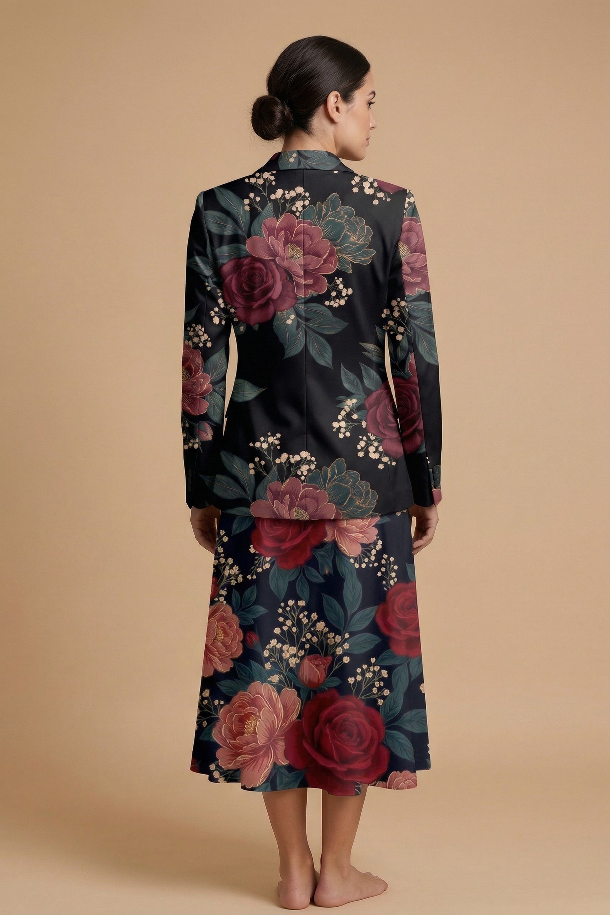 Dark Floral Classic (Variant A) Blazer + Dress Set | Dark Floral Match — complete outfit back view