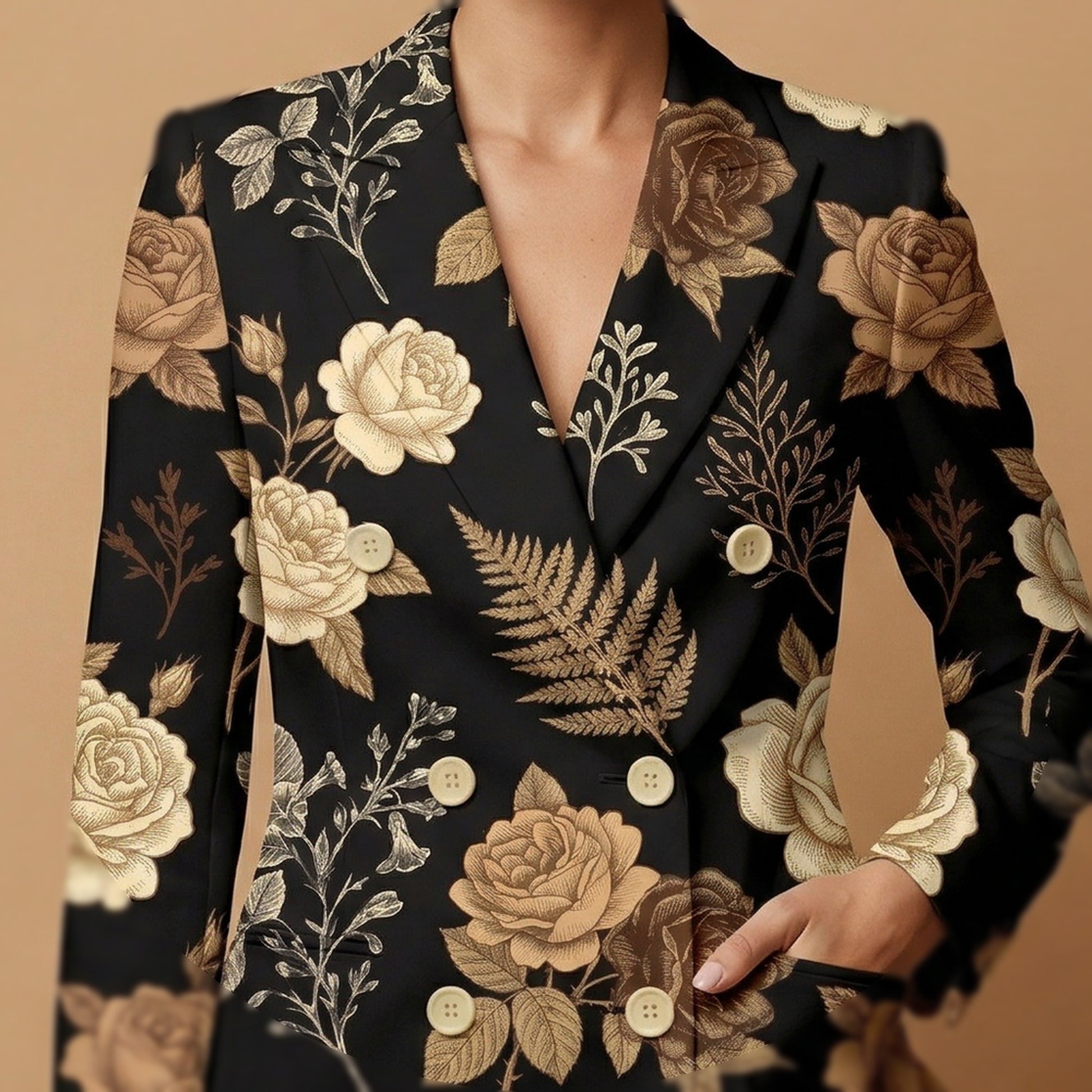 Dark Floral Garden All-Over Print Casual Blazer | Dark Floral Women's — closeup detail / blazer front view