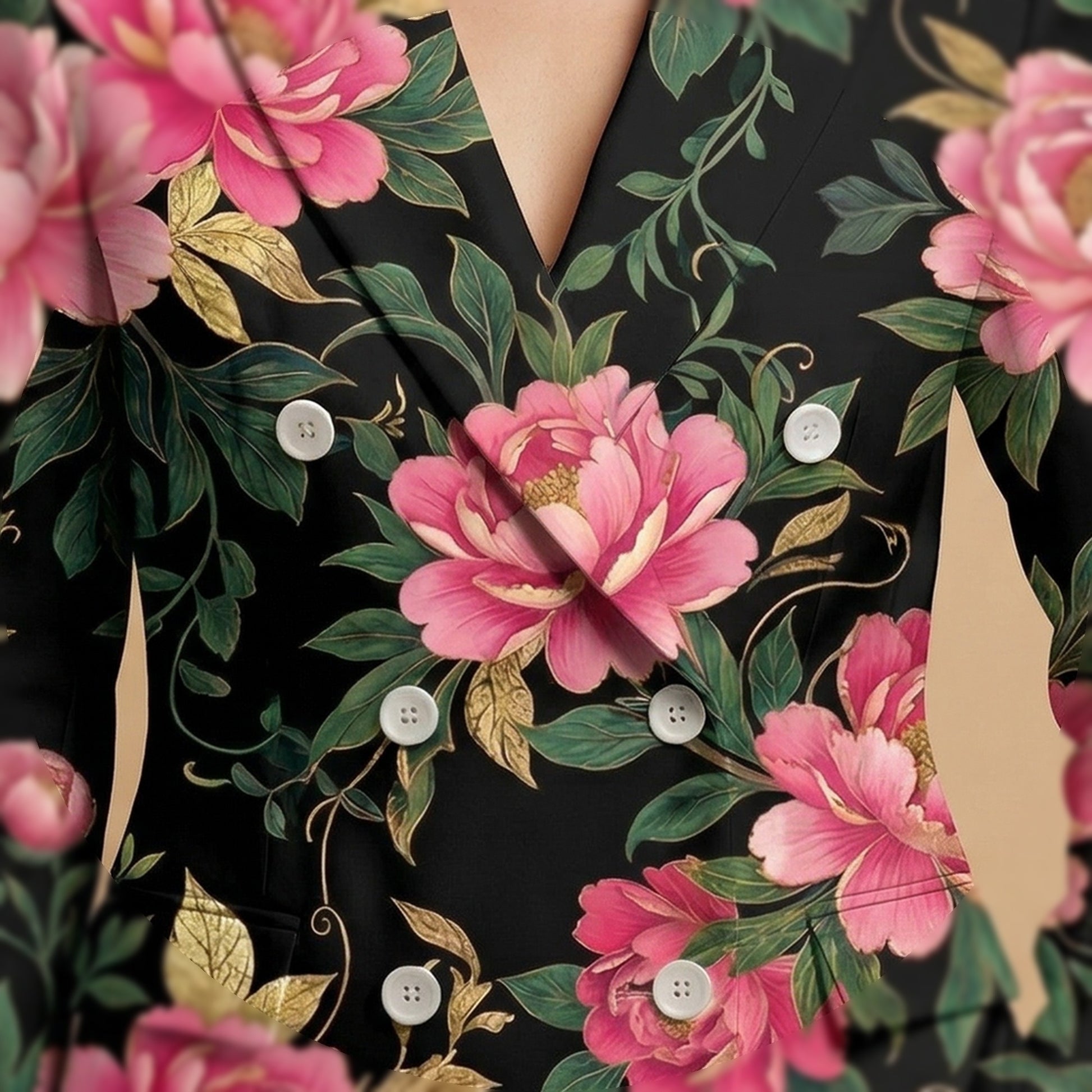 Dark Floral Noir All-Over Print Casual Blazer | Dark Floral Women's Bl — closeup detail / blazer front view