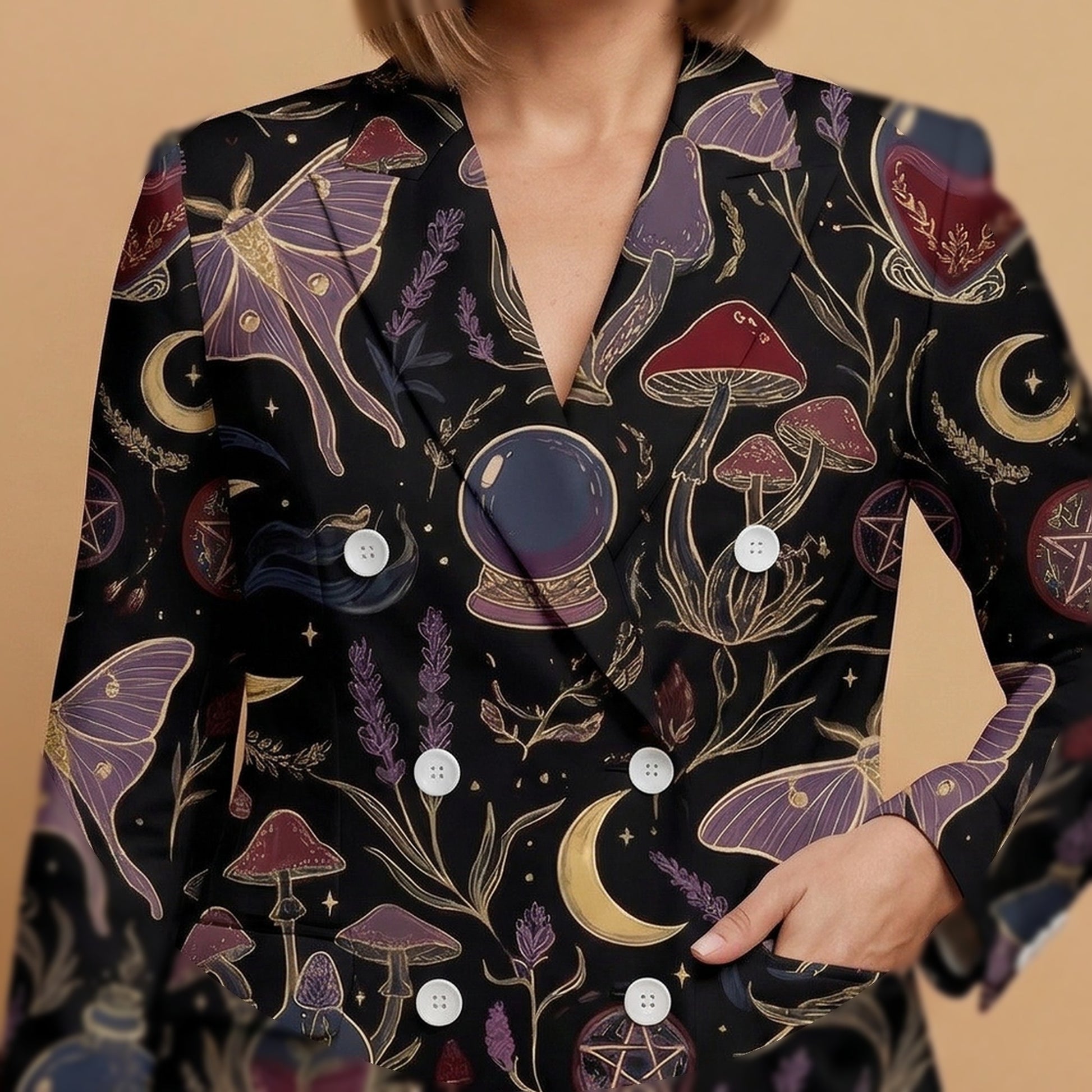 Whimsigoth Midnight All-Over Print Casual Blazer | Whimsigoth Women's — closeup detail / blazer front view