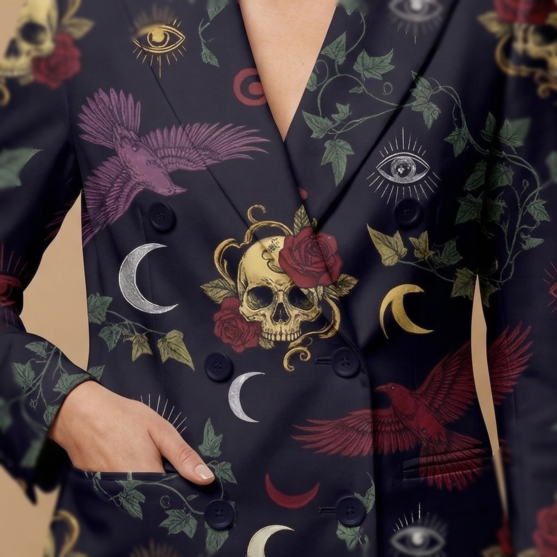 Whimsigoth Eclipse All-Over Print Casual Blazer | Whimsigoth Women's B — closeup detail / blazer front view