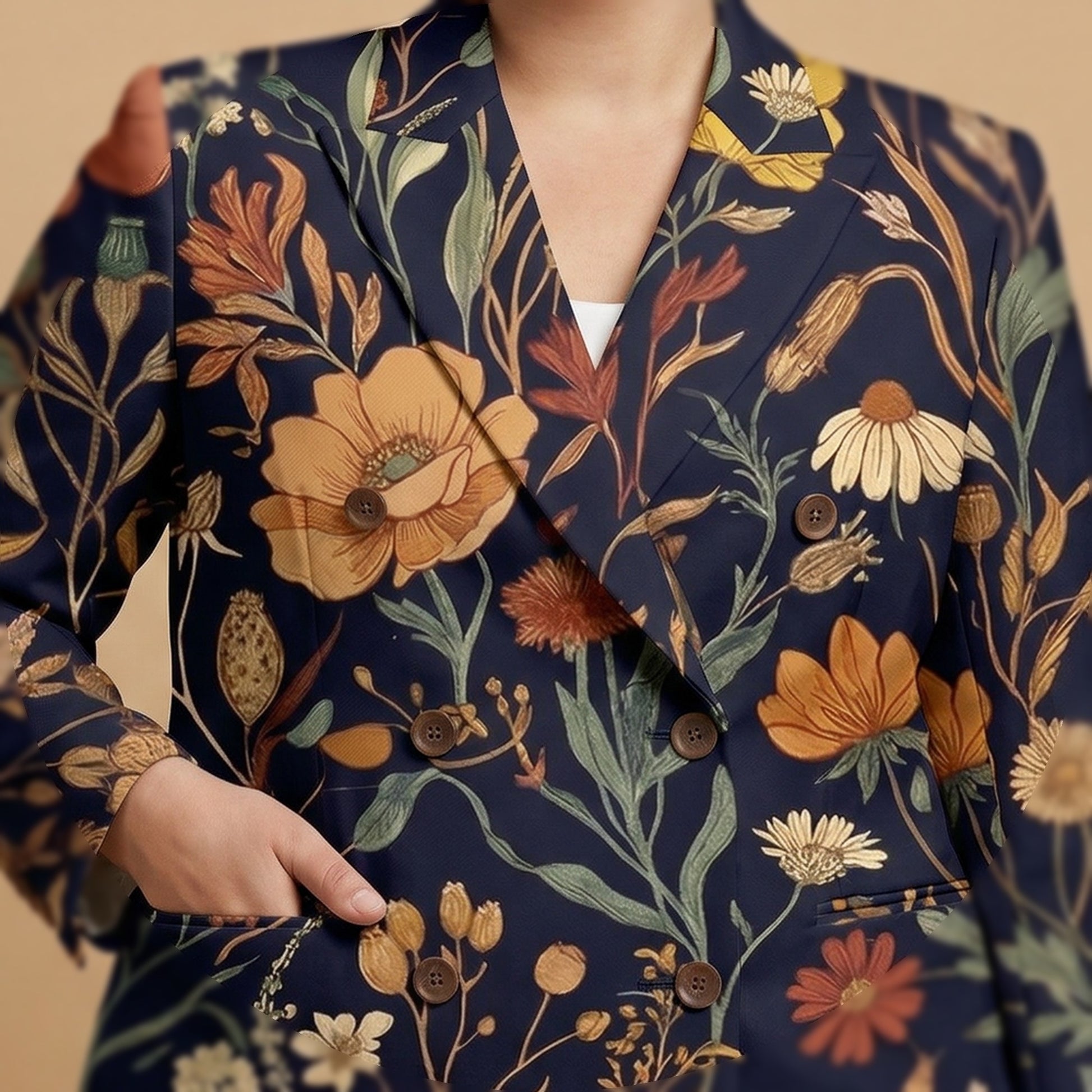 Dark Floral Rose All-Over Print Casual Blazer | Dark Floral Women's Bl — closeup detail / blazer front view