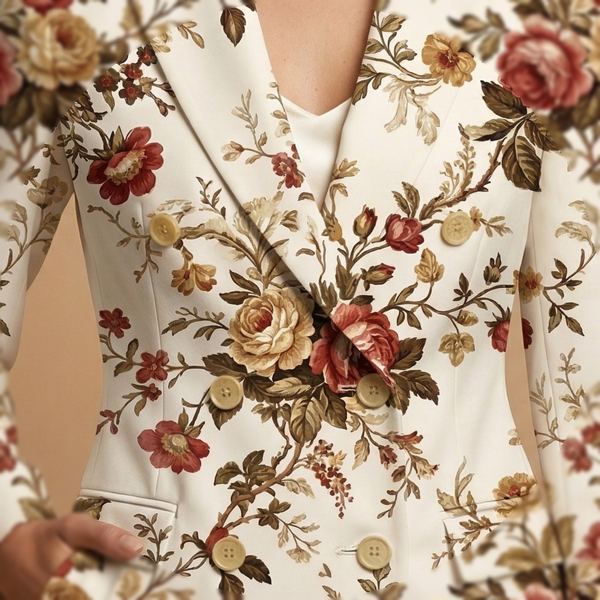 Vintage Floral All-Over Print Casual Blazer | Vintage Floral Women's B — closeup detail / blazer front view