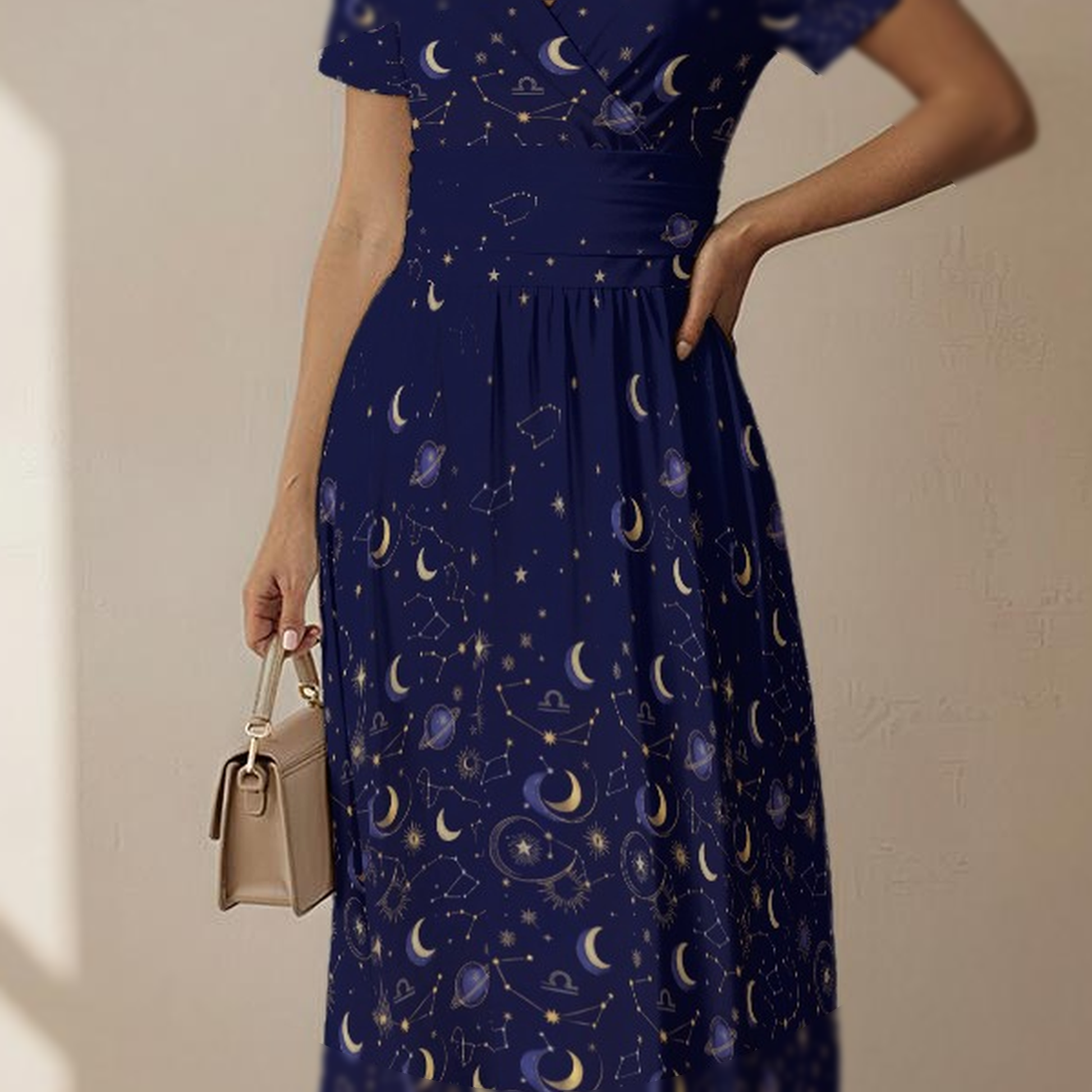 celestial skies midi dress Constellations Glow-in-the-dark Short Sleeve Midi Dress with Pockets