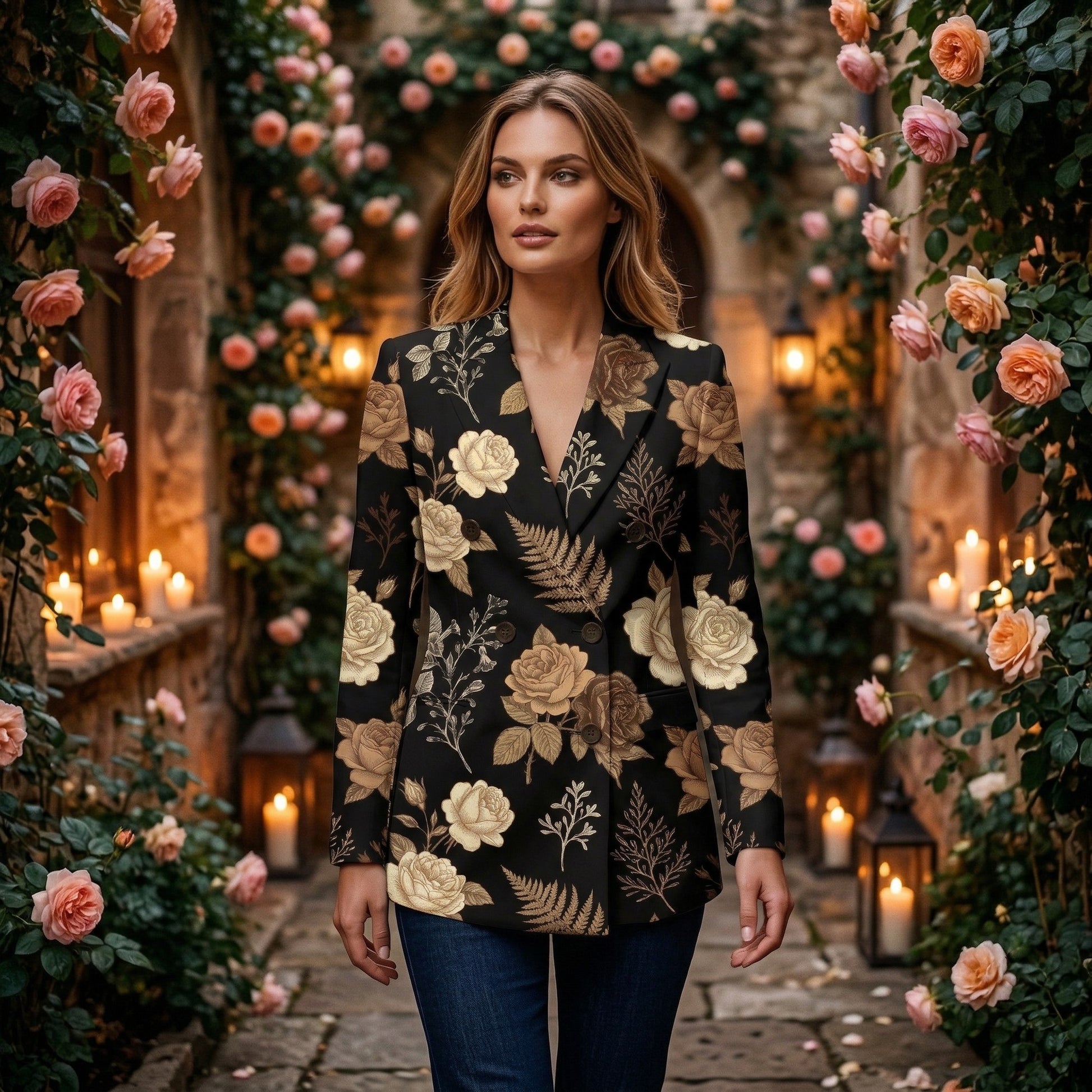 Dark Floral Garden All-Over Print Casual Blazer | Dark Floral Women's — dress front view