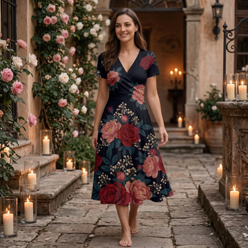 Dark Floral Classic V-Neck Midi Dress