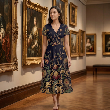 Art Nouveau Dark V-Neck Midi Dress