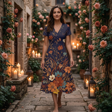Dark Floral Rose V-Neck Midi Dress