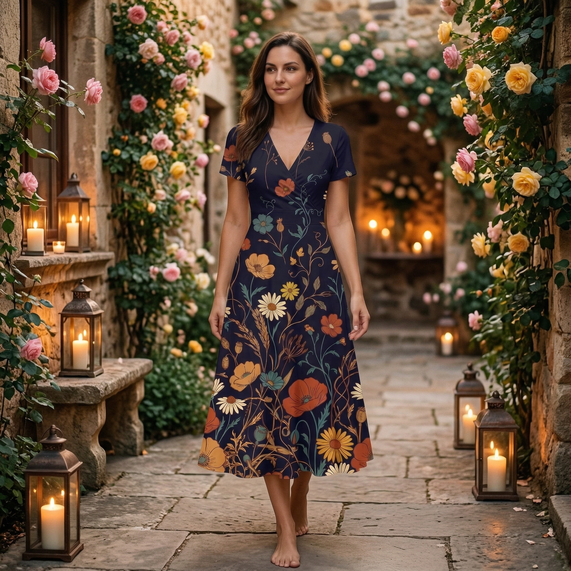 Dark Floral Rose Midi Dress - Dark Floral Print V-Neck Dress