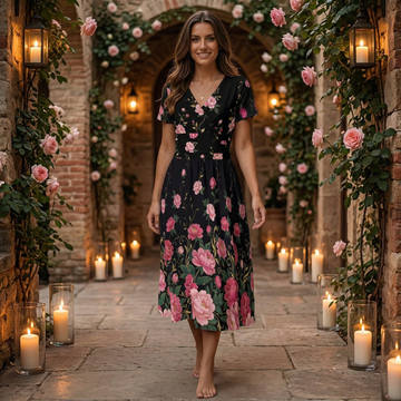 Dark Floral Noir V-Neck Midi Dress