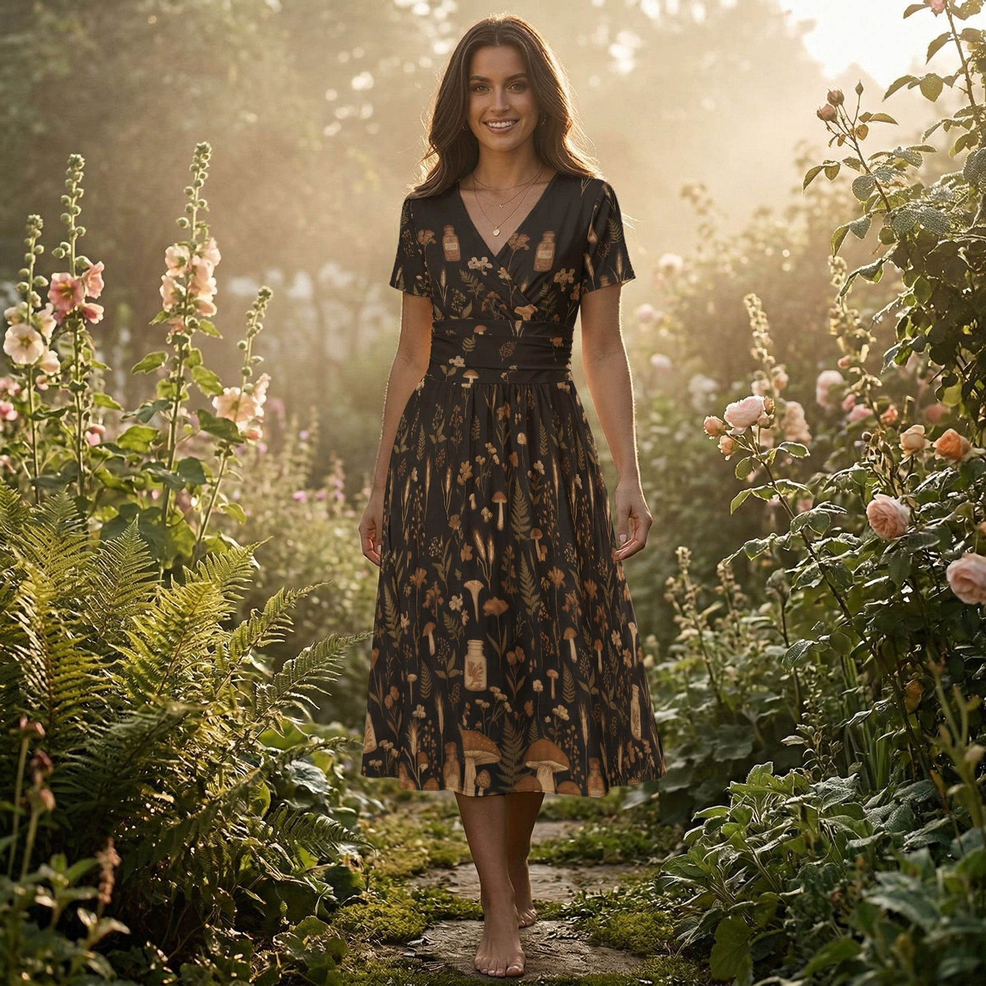 Dark Cottagecore V-Neck Midi Dress