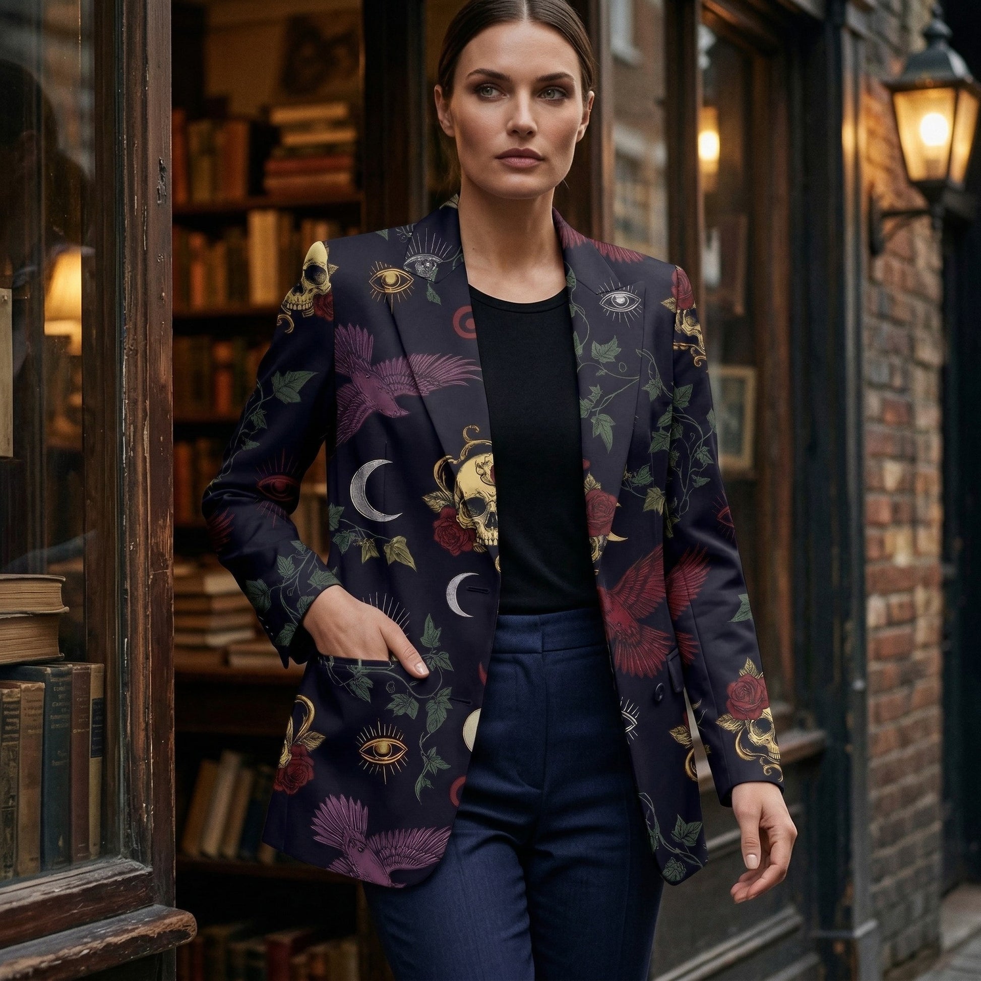 Whimsigoth Eclipse All-Over Print Casual Blazer | Whimsigoth Women's B — dress front view