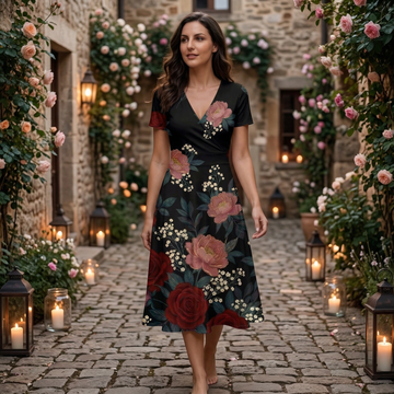 Dark Floral Classic V-Neck Midi Dress
