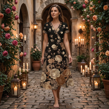 Dark Floral Garden V-Neck Midi Dress