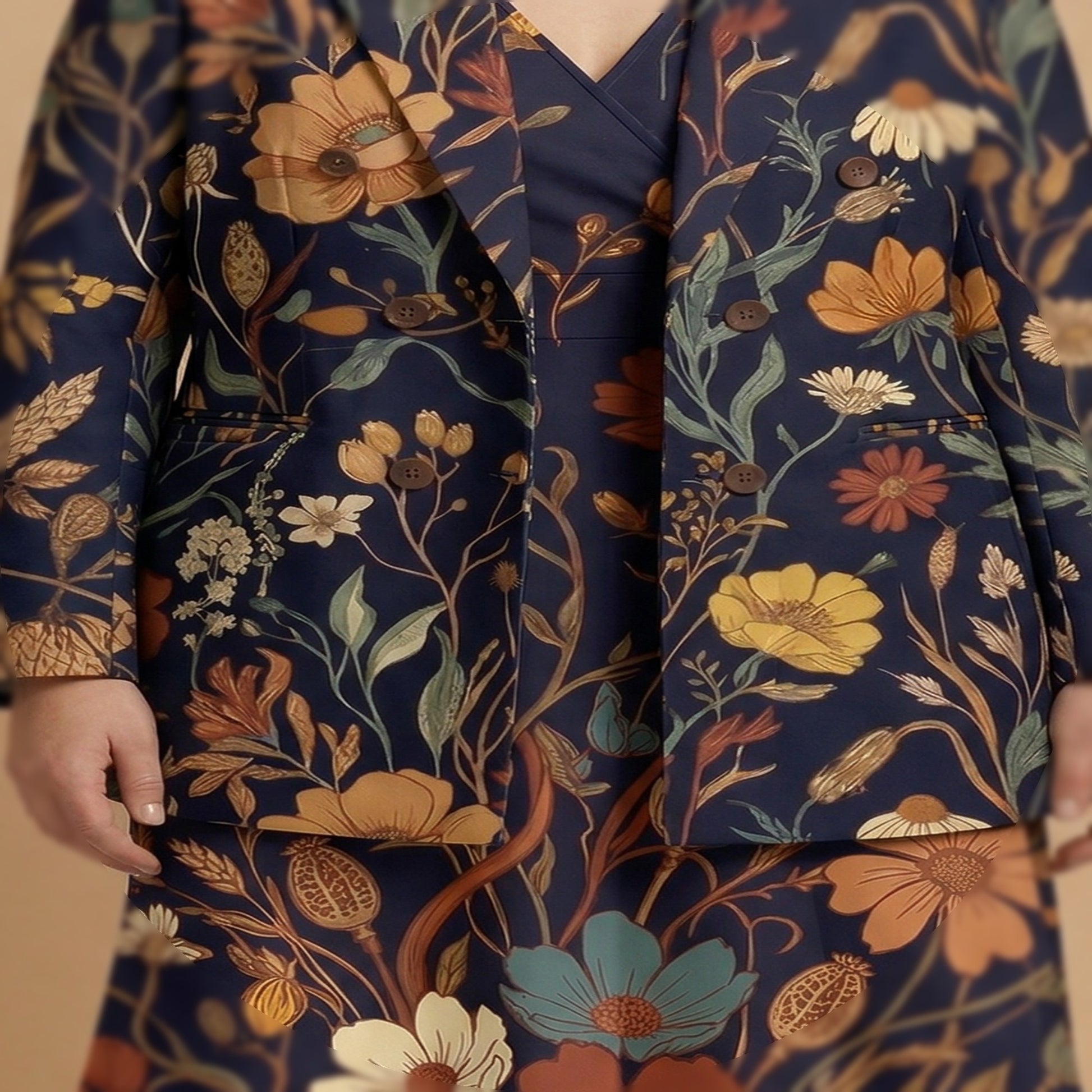 Dark Floral Rose (Variant A) Blazer + Dress Set | Dark Floral Matching — fabric detail closeup