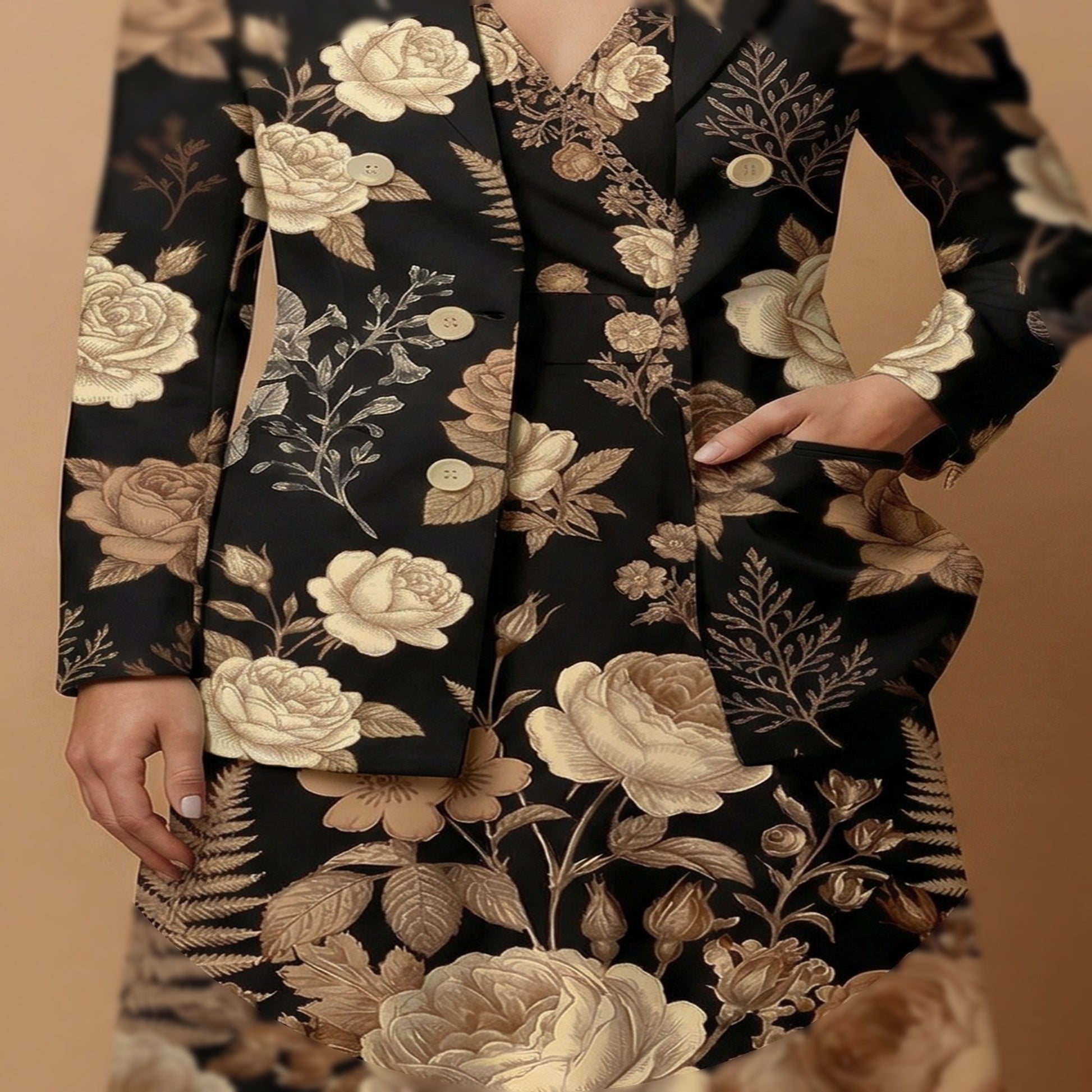 Dark Floral Garden (Variant B) Blazer + Dress Set | Dark Floral Matchi — fabric detail closeup