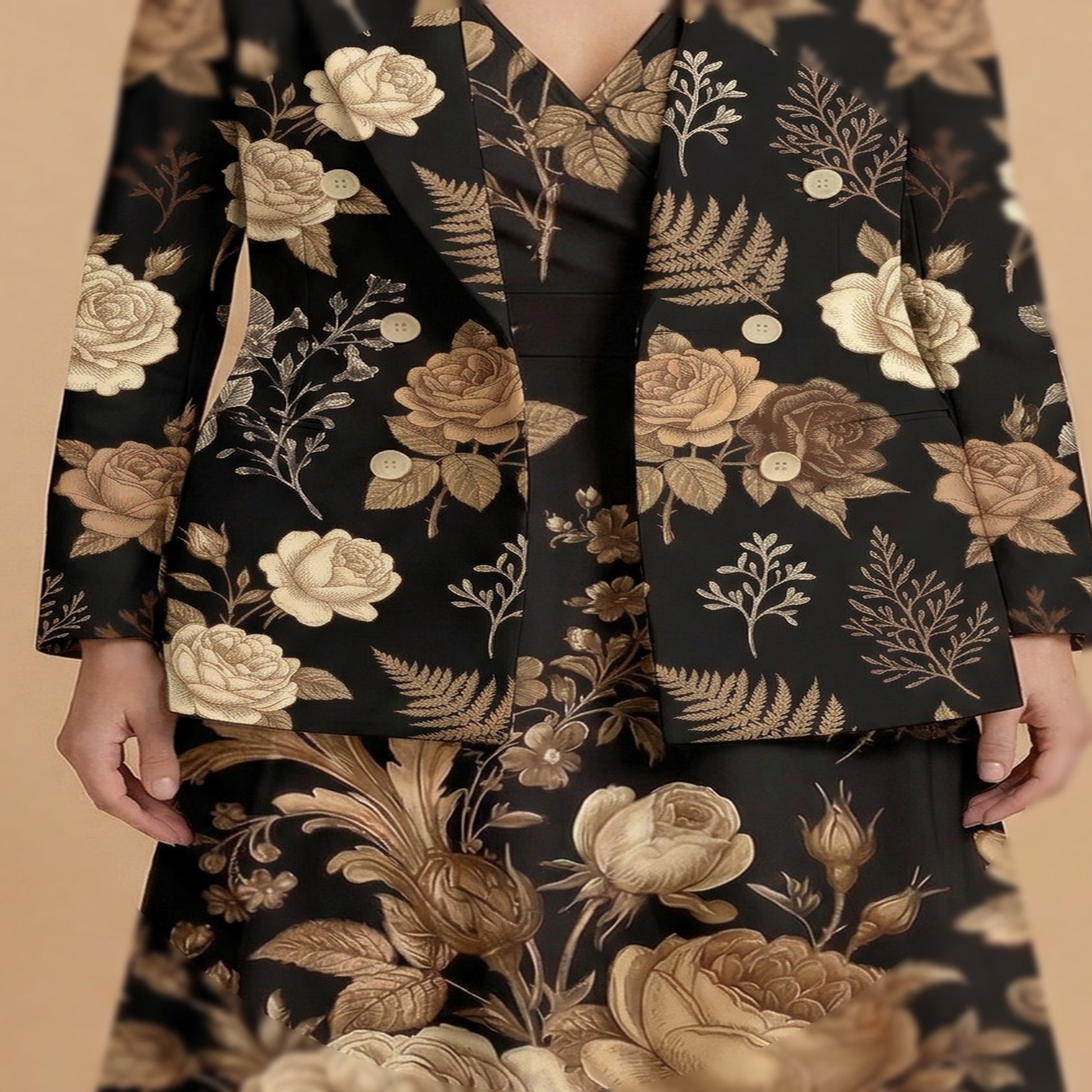 Dark Floral Garden (Variant A) Blazer + Dress Set | Dark Floral Matchi — fabric detail closeup